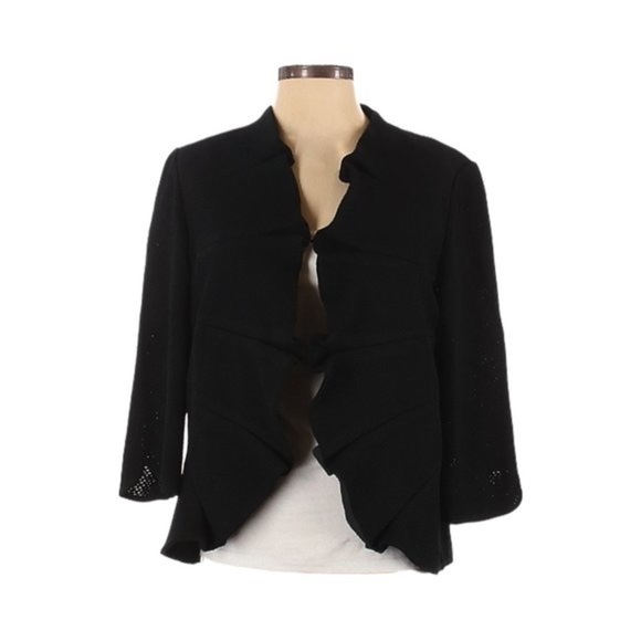 Ming Wang Sweaters - Ming Wang Textured Knit Ruffle Trim Open Front Blazer Jacket Black M Career Chic